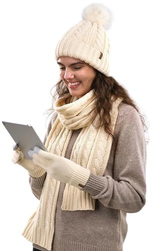 FURTALK Winter Mütze, Schal & Handschuh-Sets für Damen Fleece Gefüttert Strickmütze mit Bommel Beanie Pudelmütze Warm Wintermütze Halswärmer Touchscreen Handschuhe 3 in 1 Set Beige