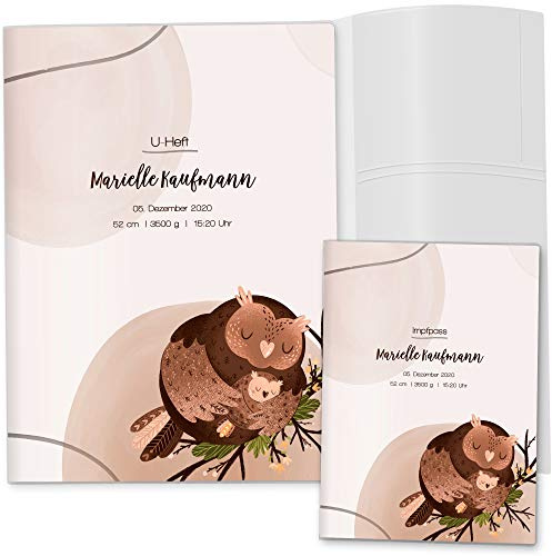 OLGS U-Heft- und Impfpasshülle Set mit Personalisierung | Eule | Hüllen für Kinder Untersuchungsheft & Impfpass | Geschenkidee mit Namen, Geburtsdatum (U-Heft Set 3-teilig personalisiert, Eule Mia)