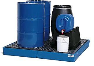 Denios Auffangwanne aus Polyethylen | Gitterrost aus Kunststoff | blau-schwarz | BxHxT 1500 x 150 x 1500 mm | Volumen 220 Liter | 4 Fässer | Arbeitssicherheit Notfall-Umweltschutz-Produkte