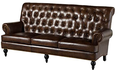 MASSIVMOEBEL24.DE | Chesterfield Sofa 3-Sitzer aus Echtleder #107 | aus echtem Büffel-Leder - Braun | 196x84x94 cm | mit Nieten | Couch Polstercouch 3er Sitzer