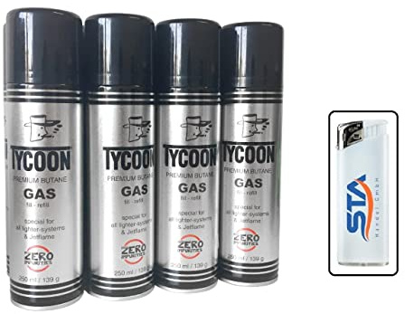 12 x Tycoon Feuerzeuggas Gas Dosen Set Jetflame Butangas Nachfülldose 250ml Dose mit Feuerzeug (1,2 EUR/ 100ml). (12 Flaschen Gas)