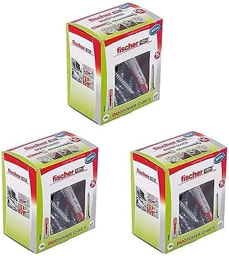 fischer DUOPOWER 12 x 60 S, Universaldübel mit Sicherheitsschraube, 2-Komponenten-Dübel, Kunststoffdübel zur Befestigung in Beton, Ziegeln, Stein uvm., 10 Dübel + 10 Schrauben, 3er Pack