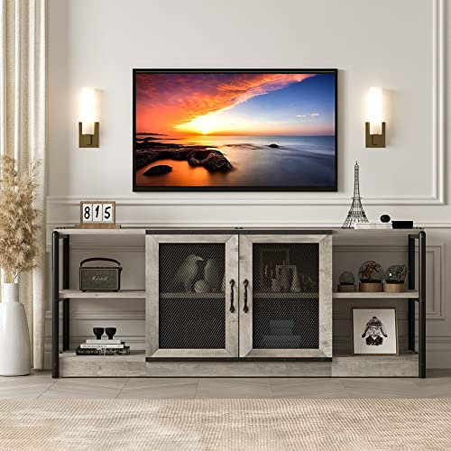 coucheta TV Stand Industrial Entertainment Center for TVs up to 70 Wood Media Console Table with Storage Shelves, Mesh Barn Door and Sturdy Metal Frame