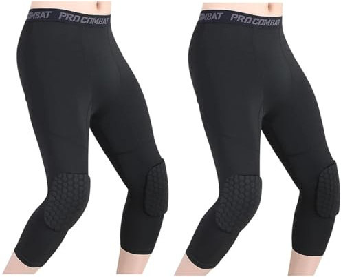 HULG Basketbyxor med knäskydd, knäskydd, kompressionsbyxor, basketbyxor för män med knäskydd, 3/4 capri, vadderade kompressionstights leggings, sportskyddsutrustning (svart, XXL)