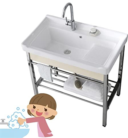 Lavabo in ceramica,Lavandino da esterno,Lavello da appoggio Lavello a Vasca Singola con Rubinetto,Facile da spostare e da Pulire, Ideale per piani d'appoggio in bagno e mobili da toilette ( Color : Ho