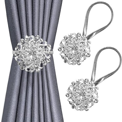 BOCHION Curtain Tie Backs, 2 Pack Sparkling Magnetic Curtain Tiebacks, Crystal Window Curtain Decorative Clips, Drapery Holdbacks With Stainless Spring Wire, No Drilling For Home Hotel Office (Silver)