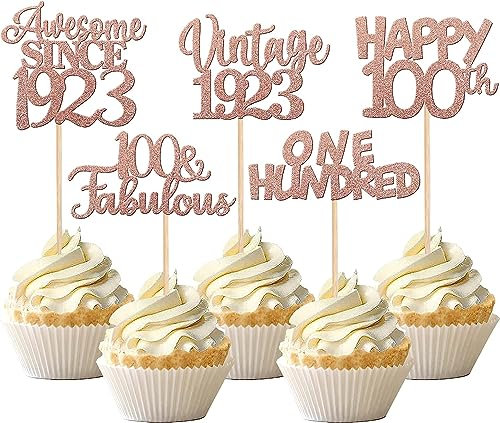 30 Stück Happy 100th Geburtstag Tortendeko Glitzer One Hundred Vintage 1923 Cupcake Toppers Cheers to 100 Fabulous Kuchen Deko für 100. Geburtstag Hochzeitstag Party Kuchen Dekorationen Rosegold