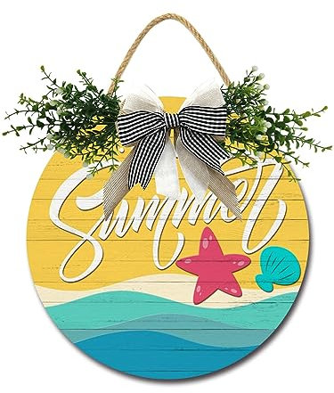 Hello Summer Haustürschild, lustige Kränze zum Aufhängen, Holzschild, Dekoration, rund, rustikal, Holz, Bauernhaus, Veranda, Dekor für Zuhause, Haustür, 30,5 x 30,5 cm