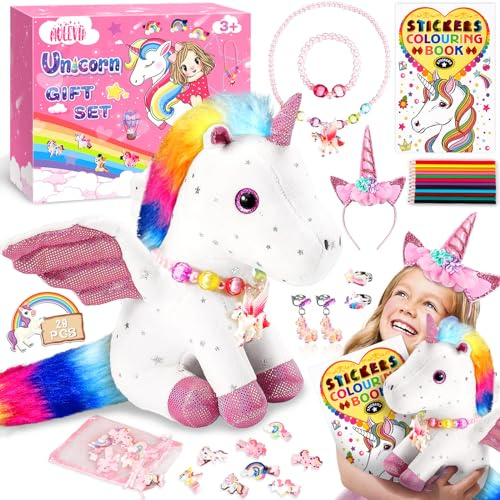 MULEVIP Einhorn Geschenke für Mädchen 29pc Einhorn Kuscheltier, Geburtstagsgeschenk Schmuckset Mädchen 2 3 4 5 6 Jahre,Geschenke für 3-7 Jahre ab 3-8 Jahre,Bastelset Kinder