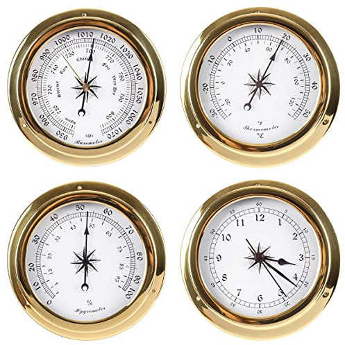 OUSIKA Analoge Wetterstation, 4 Stück Wandthermometer, Hygrometer, Barometer, Uhr, Wetterbarometer for drinnen und draußen, barometrisches Manometer for Wand, Fischerboot, Babyzimmer, Büro Barometer