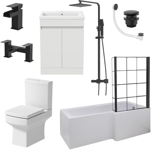 BAYSTONE Complete Bathroom Suite 1700mm L Shape RH Bath Black Grid Screen Basin Door Vanity Unit WC Thermostatic Mixer Shower Taps