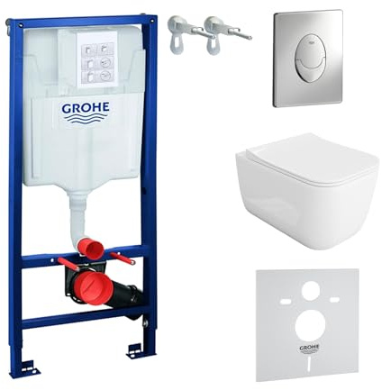 Lavita Vorwandelement Solido Start + Wand Hänge WC Shak Weiß Spülrandlos + WC Sitz mit Absenkautomatik Verchromter Knopf Komplettset Unterputz Spülkasten Toilette Komplett Sett WC