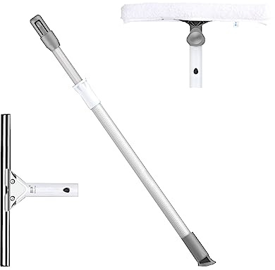 2m Profi Fensterputzer Komplett-Set mit Fensterabzieher, Mikrofaser Fensterwischer, Eimer und Teleskopstange - zur Glasreinigung für Fenster, Bad & Wintergarten