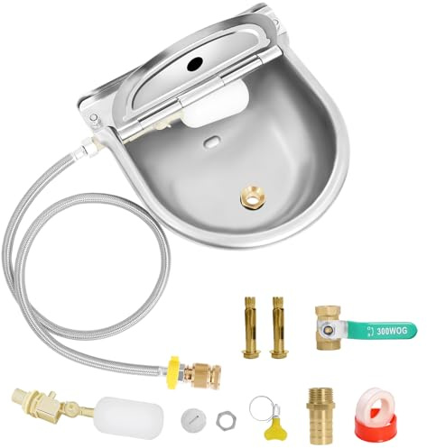 Automatic Livestock Water Bowl with Float Valves, 39 Water Hose, 3/4 Quick Connector, 304 Stainless Steel Animal Waterer Bowl Kit for Livestock Dog Horse Cow Cattle Goat