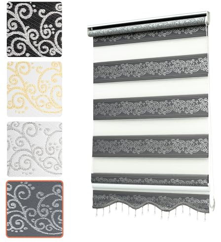 Bailena® Doppelrollo Klemmfix ohne Bohren - 4in1 Duo Rollo mit Muster Grau Silber Glitzernd 60x200cm - Ranken & Blumen Motiv Doppelrollo mit Perlen - Gardinen Rollos für Fenster & Tür