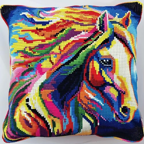 RKFLGEW Nadelspitzen-Kissenset, Farbe Pferd, Tier, Knüpfkissen-Set, Diy-Kissenbezugherstellung, Basteln, Bedruckte Leinwand Für Anfänger, Sticken, Basteln Von Kissen 43x43cm