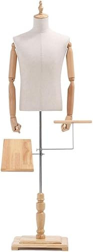 Männlicher Schaufensterpuppen-Torso und -Körper mit Holzarm, Hosenständer und Schuhregal, Ständer für männliche Schneiderbüsten zur Präsentation von Kleidung