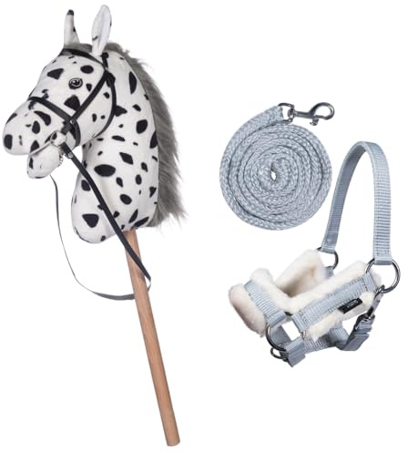 HKM Kids Hobby Horse, Pinto mit Halfter und Führstrick in Grau, Steckenpferd für Kinder, Pferde Spielzeug
