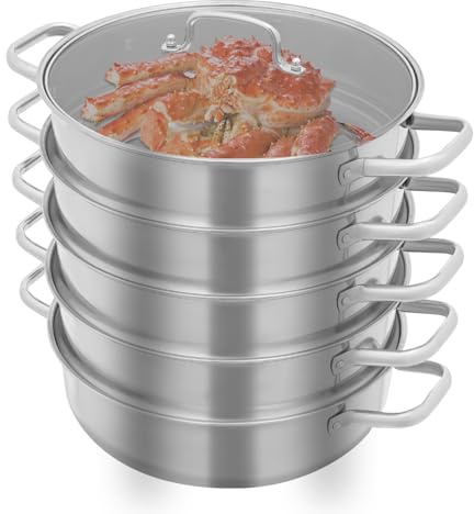 30cm Dampfkocher, 5 Etagen Edelstahl Dampfgarer mit Glasabdeckung Induktion Kochtopf Dampfgarer für Alle Herdarten Geeignet (Silbrig, 30cm)