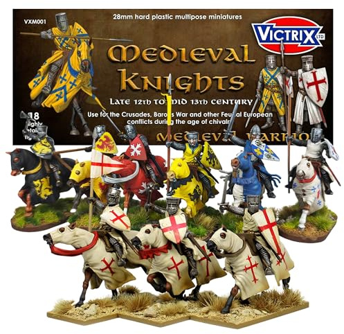 Wargames Delivered Figurines de chevaliers médiévaux, 18 chevaliers détaillés et chevaux entièrement bardés, figurine de guerre miniature personnalisable avec 54 casques, 30 lances, 24 boucliers pour