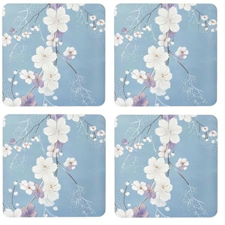 Quadratische Untersetzer mit Blumenmuster, hellblau, für Getränke, saugfähig, 4 Stück, für Tee, Kaffee, Holz, leichte und hitzebeständige Untersetzer mit Korkboden für Schutz, Zuhause
