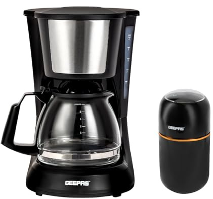 GEEPAS 750ml Filter Coffee Machine and Coffee Grinder 80 g Capacity Combo Set | Fast Brewing 600W Coffee Maker, Electric Dried Spice Nuts Herbs Beans Coffee Grinder - Black