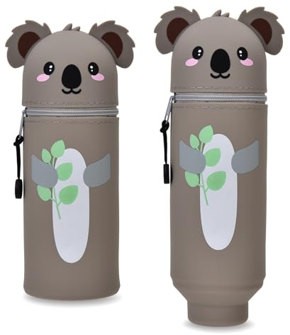 QIURUYUE Kawaii Federmäppchen, 2-in-1 Weiche Silikontasche - Tischstifthalter, Reißverschluss, Silikon, Stiftetasche Buntstifte Marker, H 18,5 cm (Koala)