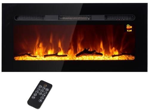 HOMCOM Camino Elettrico da Incasso 1800W con Telecomando, Fiamma e Illuminazione Regolabile, Caminetto Elettrico da Parete con Timer e Termostato in Acciaio e Vetro Temperato, 91.4x15.8x45 cm, Nero