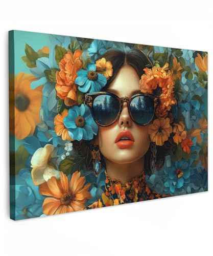 MuchoWow© Leinwandbild Groß XXL Dekoration Wohnzimmer Bilder Pictures Wall | 120x80 cm - Decoration Living Room Wohnungs Deko Moderne Bild Frau - Blumen - Orange - Blau - Modern