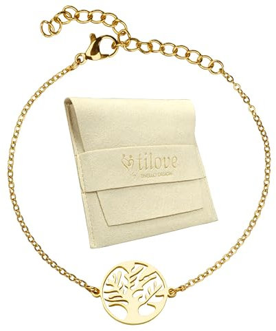 TILOVE - Bracelet Arbre de Vie en Acier Inoxydable Doré – Symbole de Force et d’Épanouissement – Chaîne Réglable 16 + 5 cm – Cadeau Élégant avec Pochette en Microfibre et Carte Inspirante