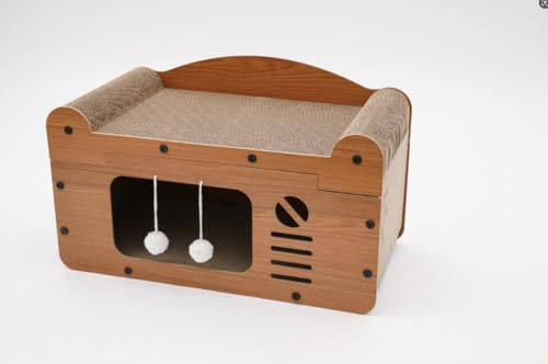 Casa para gatos con bolas de juego, cama para gatos con tabla rascador para el alojamiento de gatos, gatitos, perros, marrón, 56 x 30 x 32 cm