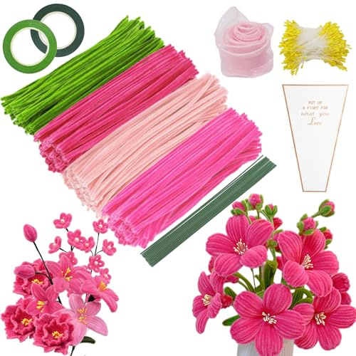 YSUVIN Pfeifenputzer Zum Basteln, 400 Stück Pfeifenreiniger Blumen Set, 4 Farben Rosa Rot Grün, Blumenreiniger Zum Basteln