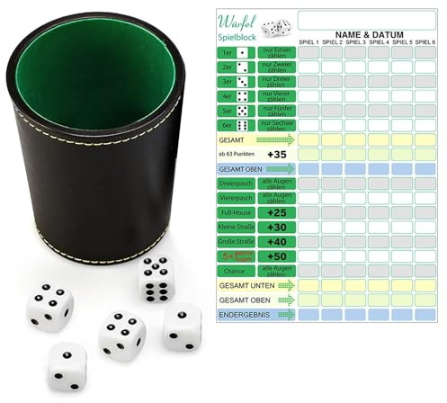 Zyiphor Juego de dados con vaso de piel, 5 dado, bloque de juego, para niños y adultos