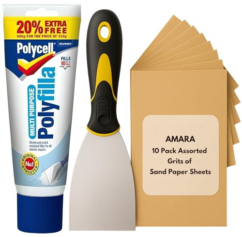 Polycell Wall Repair Bundle with Polyfilla Ready Mixed, Amara 3 Paint Scraper, and 10pcs Sandpaper for Wood & Walls – Multi-Purpose Poly Filler & Wall Filler Ready Mixed for Holes & Surface Prep