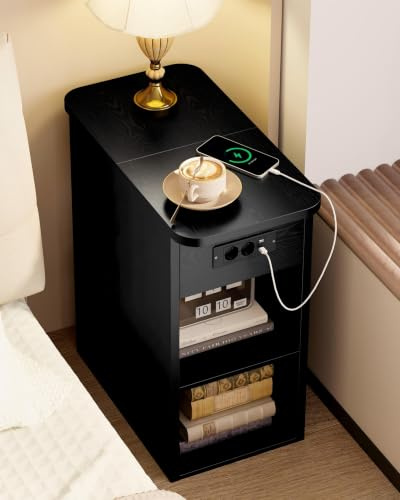 IRONCK Nachttisch schmal, Beistelltisch mit Steckdose 2 AC, 2 USB-Anschlüsse, Holz Sofatisch Couchtisch mit Flip geheimfach, 2 offene Fächer, Nachtschrank für Wohnzimmer,Schlafzimmer, Schwarz