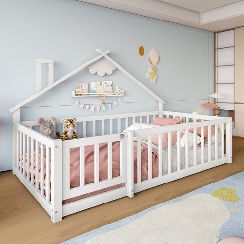 Dolamaní Bodenbett 90x190 cm mit Rausfallschutz und Tür mit Schloss, Kinderbett Bettgestell, Kiefern Holz Bett mit Lattenrost, Holzbett Ohne Matratze (Weiß)