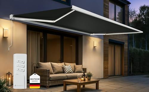 paramondo Elektrisch Kassettenmarkise Quadris mit LED Beleuchtung, Markise Gelenkarmmarkise Sonnenmarkise Sonnenschutz, mit jarolift Funkmotor & Funkhandsender, komplett vormontiert, 4,95 x 3,5 m