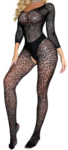 PARUPRUP Bodystocking Donna Sexy Lingerie Intimo Catsuit Pizzo Leopardato Rete Trasparente Tuta a Maniche Lunghe Fishnet Body (leopardata body3)
