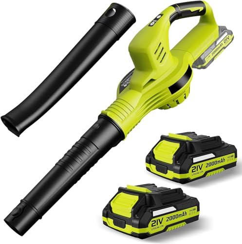 3000 W 21 V soffiatore a foglie senza fili, 150 MPH soffiatore elettrico a batteria, 2 velocità, 15000 giri/min, 2 batterie 2.0 Ah (compatibile 18 V) per la cura del prato, giardino (verde)