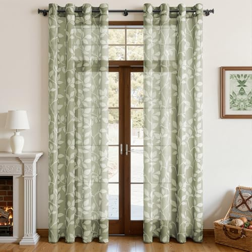 CUTEWIND Gardinen Kinderzimmer Voile Vorhänge mit Ösen Transparent Moderne Gardinen 2er Set 225 cm Höhe 140 cm Breite, Gardine Graugrüne Vorhänge mit Weißen Blätterdrucken Muster für Fenster Modern