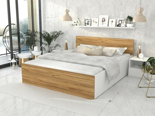 roe furniture Doppelbett 140x200cm, Stauraumbett mit Bettkasten & Birkenholz Lattenrost, Robustes Bett mit Kopfteil, Bettgestell aus Schichtstoffplatte, ohne Matratze, Lancelot/Weiß
