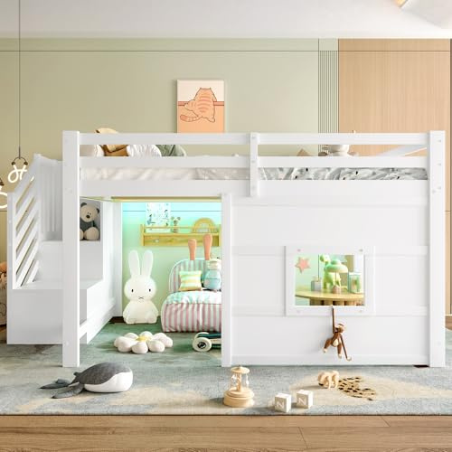 Etagenbett 140x200 mit LED-Beleuchtung, Kinderbett Hochbett mit Stauraum Treppe und Fenster, Kieferholz Funktionsbett Doppelbett Stockbett Spielbett Jugendhochbett mit Lattenrost, Ohne Matratze, Weiß