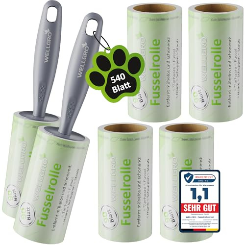 WELLGRO Fusselrolle Tierhaare – 6 Rollen 540 Blatt + 2 Abroller – Fusselroller Kleidung & Kleberoller Tierhaarentferner für Katze, Hund und Haushalt – Fusselbürste & Lint Roller