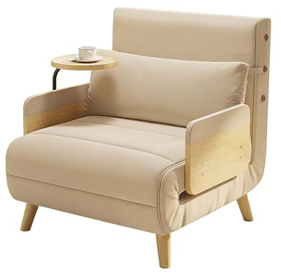 Hopfällbar Bäddsoffa för Små Utrymmen, Konvertibel Sovfåtölj med 6-Läges Justerbart Ryggstöd, Andningsbart Tyg, Ben i Massivt Trä Liten Soffa för Gästrum/Lägenhet(Beige)