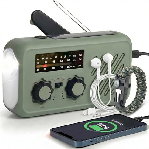Radio Portable Urgence, Radio de Survie AM/FM Solaire & Dynamo, Powerbank 2000mAh, Lampe LED Torche + Lecture, Alarme SOS - 4 Modes de Charge, Idéale Camping, Panne de Courant, Voiture