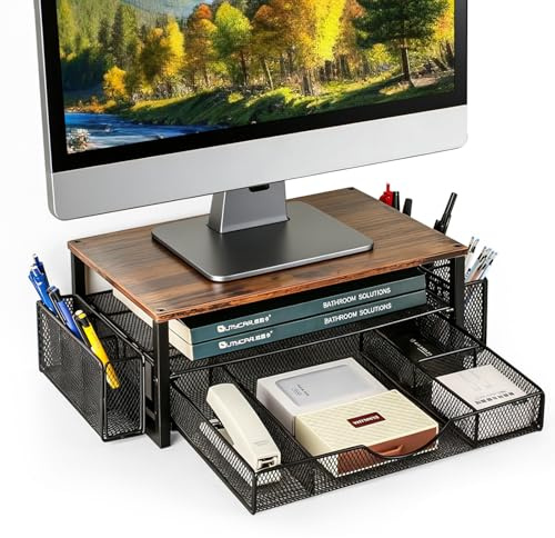 SJDUOCAI Rehausseur Ecran PC Bureau à 2 Niveaux,Support Moniteur Bureau en Métal avec Tiroir et Porte-Stylo,Multifonctionnel Support Ordinateur Portable Bois,pour Ordinateur Portable,Ordinateur,iMac
