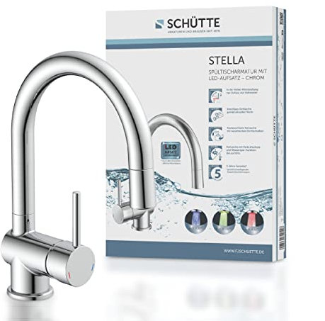 SCHÜTTE 79055 Küchenarmatur Stella LED, Wasserhahn Küche, LED Funktion lässt den Wasserstrahl in 3 Farben leuchten, 360 Grad schwenkbare Spültischarmatur für Doppelspülspecken, Chrom