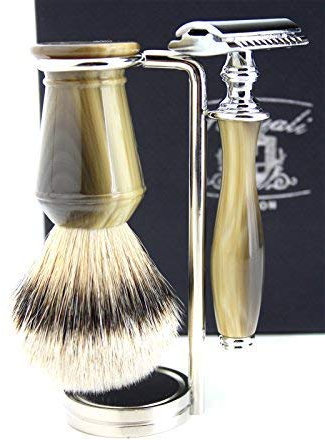 Shaving Set for Men's Comes with Safety/DE Razor, Sliver Tip Badger Hair Brush & Stainless Steel Stain for Both Brush & Razor Horn Handle