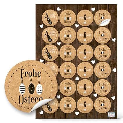 Aufkleber Set Ostern: 24 Runde Ostersticker, Hochwertiger Druck, Weiß/Schwarz/Natur mit Osterhasen & Frohe Ostern Schriftzug, Selbstklebend, Für Geschenke, Tüten & Karten, Made in Germany, ⌀ 4 cm