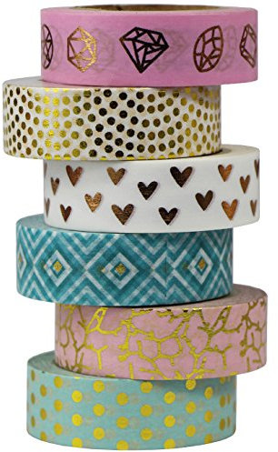 UOOOM 6 Rolls 10m x 15mm Beautiful Farbe und Gold Washi Tape Masking Tape deko klebeband buntes Klebebänder DIY scrapbook deko (Design 9042)